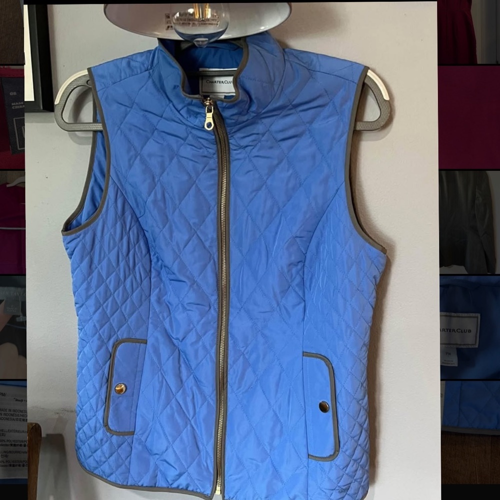 Charter Club Blue Quilted Vest with Stand-Up Collar